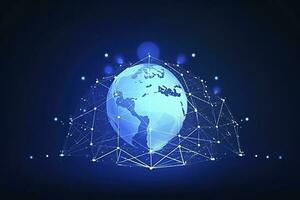Global network on Earth concept. 3D rendering, World map point. Big data analytics and business concept, world map point and line composition concept of global business, generate ai photo