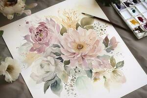 pintar un serie de acuarela botánico ilustraciones, exhibiendo diferente tipos de flores y follaje con científico exactitud, generar ai foto