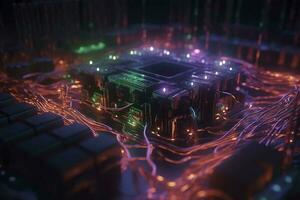 Computer microchip semiconductor on motherboard futuristic cyber neon lighting, generate ai photo