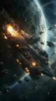 Cinematic Still, intense space battle between two massive battleships, starry sky, nebulae, galaxies, HDR futuristic space battleship destroyers traveling through an asteroid field, generate ai photo