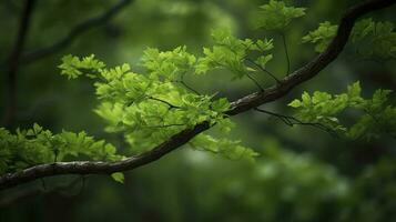 tierra día y mundo ambiente día, primavera, tropical árbol hojas y rama con hermosa verde bosque fondo, generar ai foto