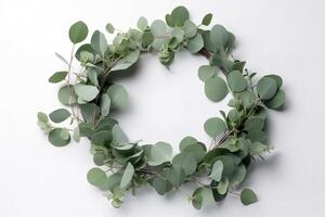 Wreath made of eucalyptus branches. Green floral frame made of eucalyptus leaves. Decorative wreath isolated on white. Minimal natural composition, botanical design, flat lay, top view. photo