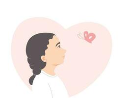 lado ver de un sonriente caras niña con mariposa con corazón fondo, mental salud conciencia concepto. plano vector ilustración.