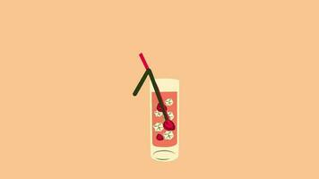 Summer cocktail in short glass with strawberry and ice cubes. Refreshing tropical beverage. Bar summer menu. Colorful animation of summer soft or alcoholic drink video