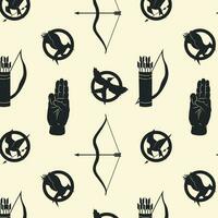 Seamless pattern with Bird signs Mockingjay, Bow and arrow, Three fingers, hand language. Vector illustration.