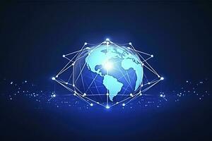 Global network on Earth concept. 3D rendering, World map point. Big data analytics and business concept, world map point and line composition concept of global business, generate ai photo