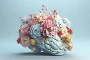 Human brain tree with flowers, self care and mental health concept, positive thinking, creative mind, photo