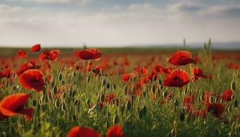 Anzac Day memorial poppies. Field of red poppy flowers to honour fallen veterans soldiers in battle of Anzac armistice day. Wildflowers blooming poppy field landscape, generate ai photo