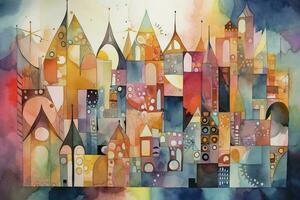 watercolor painting of a city skyline, featuring intricate architecture and reflections on water or glass surfaces, generate ai photo