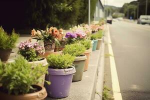 Flower pots on the side of the road, generate ai photo