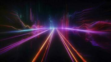 light lines with bright colors in a dark environment, in the style of futuristic landscapes, vibrant skylines, light bronze and magenta, light crimson and light blue, generat ai photo