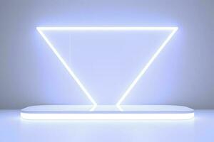Realistic podium display with neon white lights, Product display background with light frame, White prodium product display with light effect, neon lights background, generate ai photo