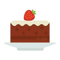 A dark cake slice with strawberry on the top, black forest cake icon vector