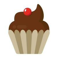 A dark cake slice with strawberry on the top, black forest cake icon vector