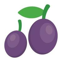 A purple colored berry like shape fruit with green leafy stem representing plum vector