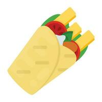 A stuffed  wrap containing potato sticks along with other veggies, icon for tortilla wrap vector