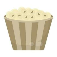Striped pattern container, containing popping out snacks, denoting popcorn icon vector