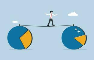 negocio crecimiento, creciente ganancia, conquistador mercado compartir, mejoramiento para mejor Salir concepto, acrobático empresario caminando en cuerda a tarta gráfico de mejor éxito. vector