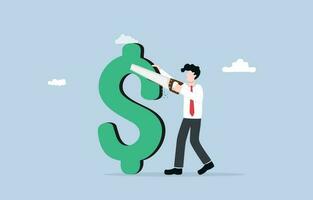 Cost cutting strategy during economic recession, reducing company expenses, budget constraints concept, Businessman cutting off insignificant part of dollar sign. vector