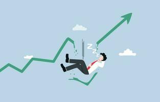 Wrong speculation, missing opportunity to make profit from investment, mistake in stock market analysis concept, Reckless businessman falling down from graph while sleeping. vector