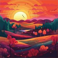 vibrante vector ilustración de montaña paisaje en puesta de sol