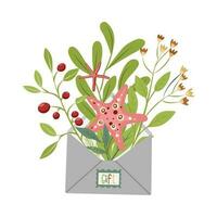 Flowers in an envelope are an isolated illustration. A gift for Mother's Day, women's Day, wedding. Excellent florists. Botanical elements. vector