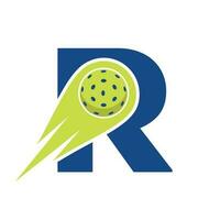 Initial Letter R Pickleball Logo Concept With Moving Pickleball Symbol. Pickle Ball Logotype Vector Template