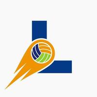 Letter L Volleyball Logo Concept With Moving Volley Ball Icon. Volleyball Sports Logotype Template vector