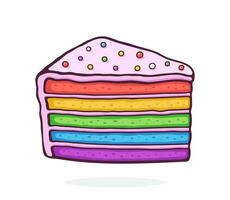 Cartoon illustration of a piece of rainbow cake with glaze cream and colored sugar dragees vector