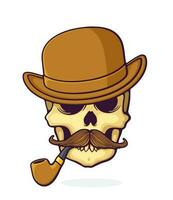 Cartoon illustration of skull of a gentleman with a mustache and smoking pipe in bowler hat vector