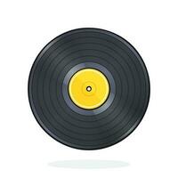 Cartoon illustration of retro vinyl LP record with yellow label. Analog media for listening to mono or stereo music. Vintage plastic audio disc vector