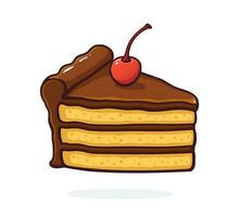 Cartoon illustration of a piece of cake with chocolate cream and cherry vector