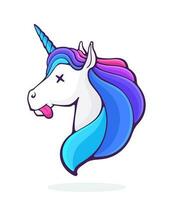 Cartoon illustration of fairy tale dead unicorn head with tongue, crossed eye and rainbow mane vector