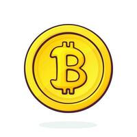 Cartoon illustration of golden coin with Bitcoin sign. Symbol of crypto currency. Global virtual internet money. Block chain based secure crypto currency vector