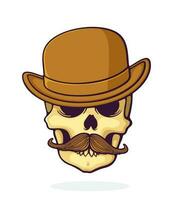 Cartoon illustration of skull of a gentleman with a mustache in bowler hat vector