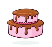 Cartoon illustration of double-tiered cream cake with chocolate glaze vector