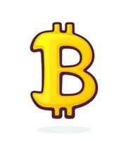 Cartoon illustration of golden bitcoin sign. Symbol of crypto currency. Global virtual internet money. Block chain based secure crypto currency vector