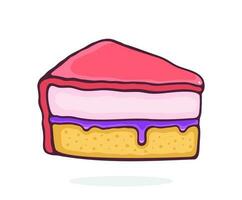 Cartoon illustration of a piece of cake with pink glaze cream fondant and confiture vector