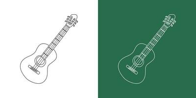 Classic guitar line drawing cartoon style. String instrument guitar clipart drawing in linear style isolated on white and chalkboard background. Musical instrument clipart concept, vector design