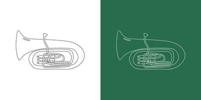 Tuba line drawing cartoon style. Brass instrument tuba clipart drawing in linear style isolated on white and chalkboard background. Musical wind instrument clipart concept, vector design