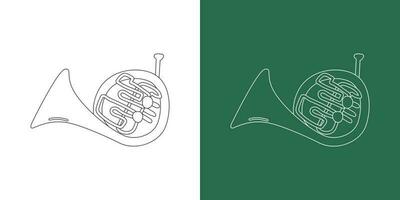 French horn line drawing cartoon style. Brass instrument French horn clipart drawing in linear style isolated on white and chalkboard background. Musical wind instrument clipart concept, vector design