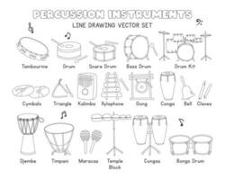 Musical percussion instruments line drawing vector set. Brass instruments tambourine, snare drum, cymbals, conga, djembe clipart cartoon style, line art hand drawn