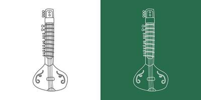 Sitar line drawing cartoon style. Traditional Indian string instrument sitar clipart drawing in linear style isolated on white and chalkboard background. Musical instrument clipart concept vector