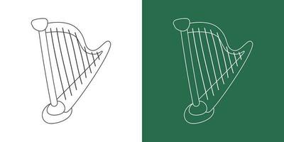 Harp line drawing cartoon style. Classical string instrument harp clipart drawing in linear style isolated on white and chalkboard background. Musical instrument clipart concept, vector design