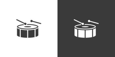 Snare drum flat web icon. Drum logo design. Percussion instrument simple drum sign silhouette icon with invert color. Drum and sticks solid black icon vector design. Musical instruments concept