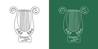 Lyre line drawing cartoon style. String instrument lyre clipart drawing in linear style isolated on white and chalkboard background. Musical instrument clipart concept, vector design