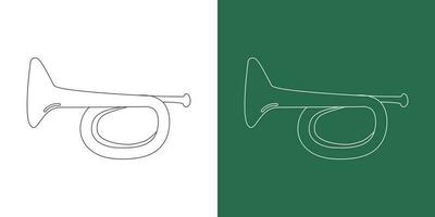 Bugle line drawing cartoon style. Brass instrument bugle clipart drawing in linear style isolated on white and chalkboard background. Musical wind instrument clipart concept, vector design