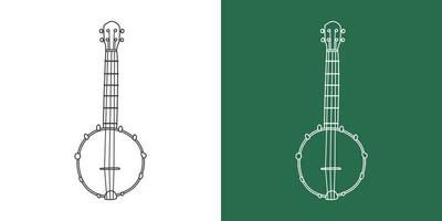 Banjo line drawing cartoon style. String instrument banjo clipart drawing in linear style isolated on white and chalkboard background. Musical instrument clipart concept, vector design