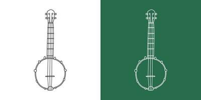 Banjo line drawing cartoon style. String instrument banjo clipart drawing in linear style isolated on white and chalkboard background. Musical instrument clipart concept, vector design