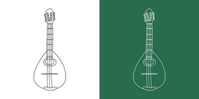 Mandolin line drawing cartoon style. String instrument mandolin clipart drawing in linear style isolated on white and chalkboard background. Musical instrument clipart concept, vector design